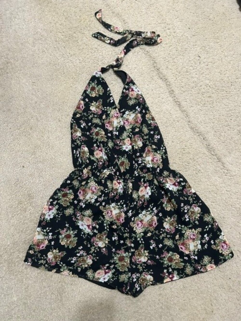Shorts halter romper in black floral.